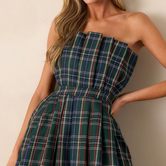 Red Dress Crystal Dreams Green Plaid Strapless Midi Dress Size MM / Green - Picture 2 of 3